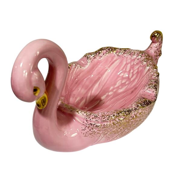 Mid Century Pink ceramic swan figure figurine ashtray soap dish gold highlights - Picture 3 of 7